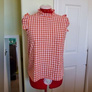 SHEIN Orange and White Gingham Sleeveless Top with Ruffles